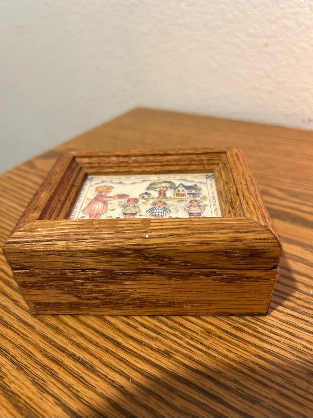 Wooden Trinket Box with Illustrated Lid - Brown